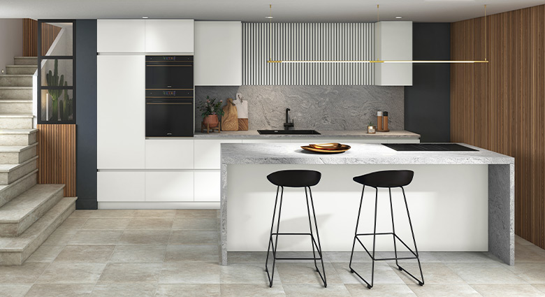 cuisine epuree et minimaliste blanche avec des demi teintes