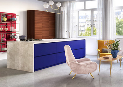 cuisine avec ilot bleu electrique