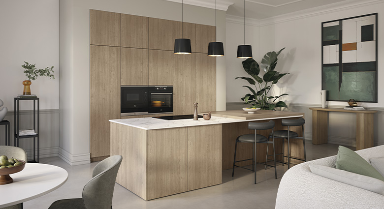 cuisine moderne blanc et bois ouverte sur la piece de vie