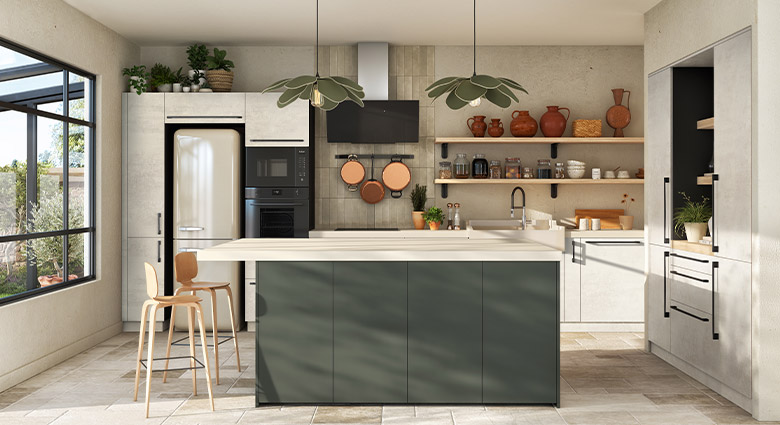 cuisine equipee naturels piccadilly beton blanc ambiance paisible