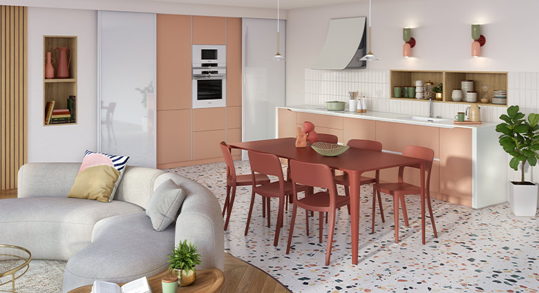 cuisine scandinave rose pale ouverte sur le salon