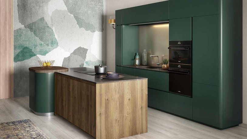 Cuisine vert mat et bois foncé