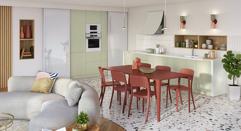 Douceur naturelle du vert sauge et briques terrazzo cuisine-arcadia-verte-sauge-briques-terrazzo