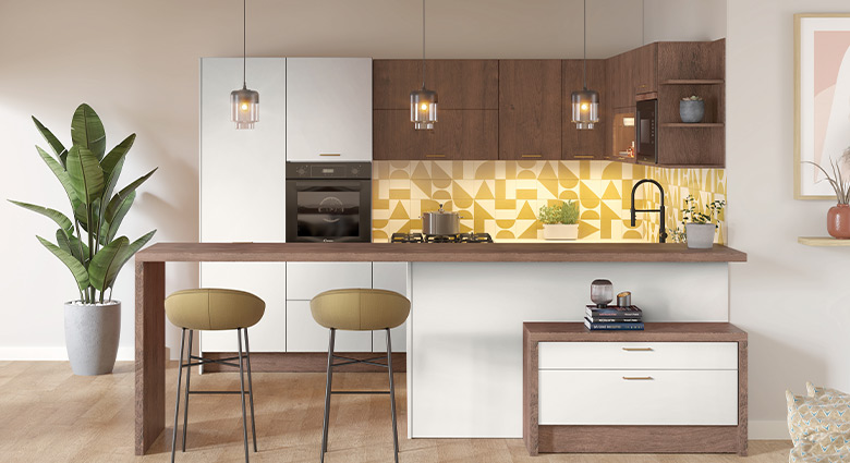 Cuisine Bicolore Idée Crédence Jaune Motif Géométrique cuisine-bicolore-crédence-jaune-motif-géométrique