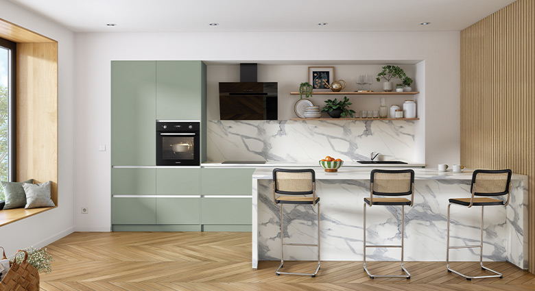 cuisine-vert-sauge-marbre-bois