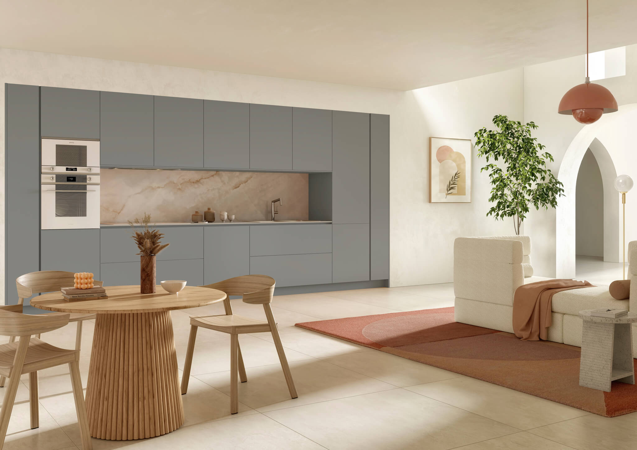 Espace de vie bohème avec cuisine en longueur