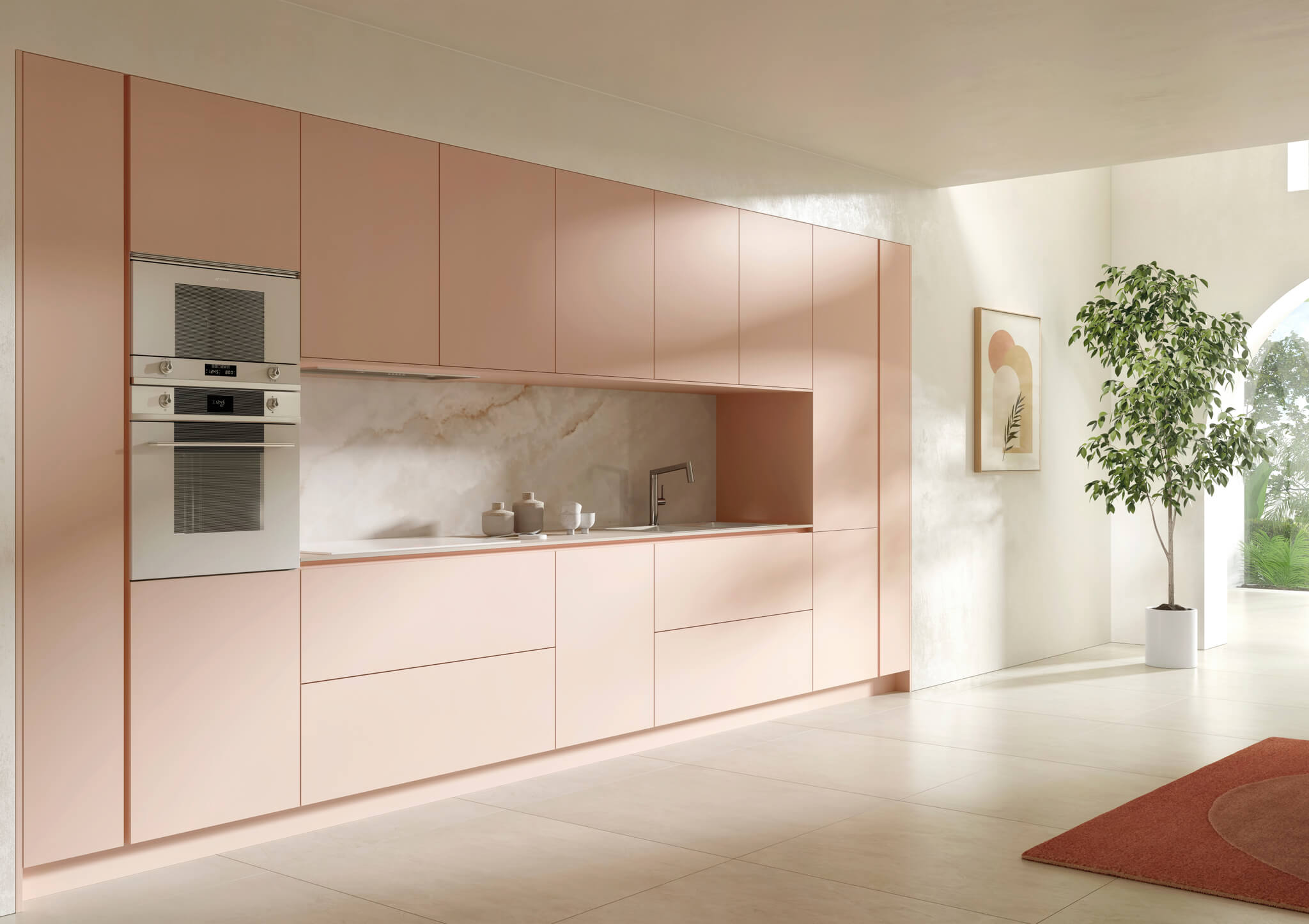 Espace de vie bohème avec une cuisine en longueur