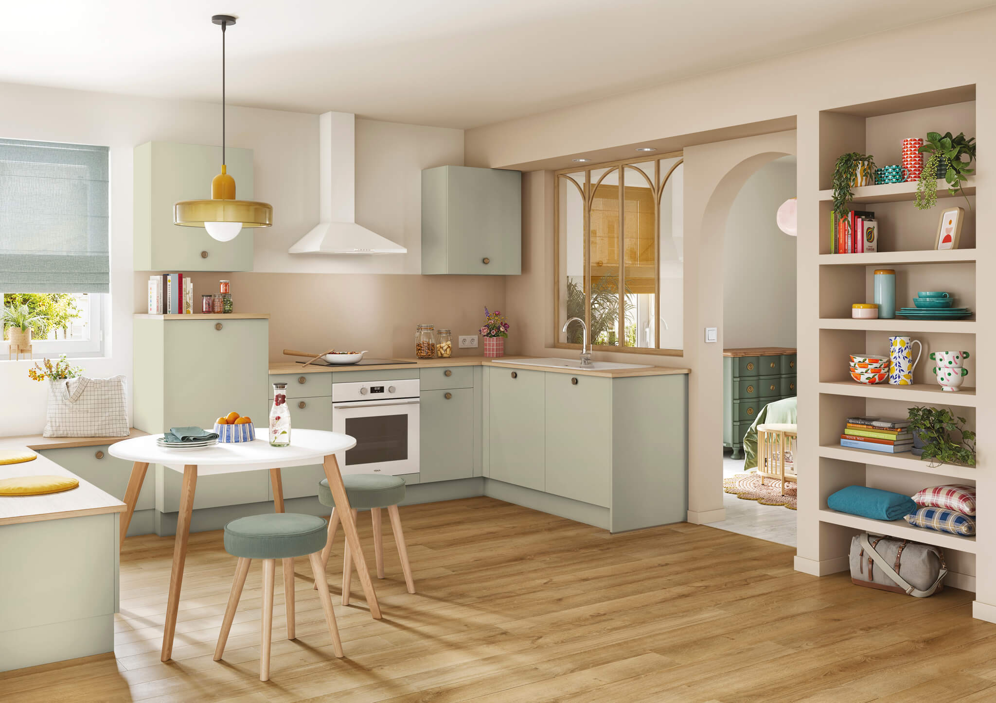 Cuisine intemporelle vert sauge et bois clair